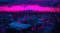 Neon sunset over city skyline, suburban view Royalty Free Stock Photo