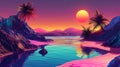 Neon sunset over a tropical beach with palm trees, vibrant mountains, and reflective water in vivid, surreal colors Royalty Free Stock Photo