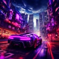 Neon supercar city skyline low angle street night view illustration