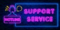 Neon support service. Handset neon light icon. Incoming call. Hotline. Telephone support. Glowing sign. Vector isolated