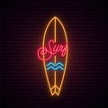 Neon surfboard sign.