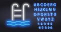 Neon Swimming Pool sign. Vector. Neon blue and white icon. Glowing neon line pool handrails icon isolated on brick wall background