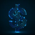 Neon symbol of dollar. Circuit board