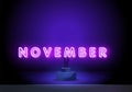 Neon symbol for November : Month Name with colorful elements. November on a stand. Neon glowing lettering on a dark wall