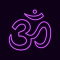 Neon symbol sound om. Main purple sign of sacred mantra pure divine yoga Royalty Free Stock Photo