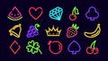 Neon symbols for gambling. Glowing heart with red pomegranate