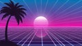 Neon Synthwave Sunset Retro Grid Horizon Palm Tree Silhouette Vibrant Gradient Royalty Free Stock Photo