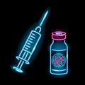 Neon syringe and covid-19 vaccine vial icons isolated on black background. Vaccination, coronavirus pandemic, treatment Royalty Free Stock Photo