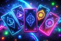 Neon tarot cards, space background, prediction, future Royalty Free Stock Photo