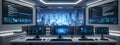 Neon Tech Command Center with Immersive Cityscape Displays Royalty Free Stock Photo