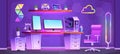 Neon teen streamer room interior with desk and pc