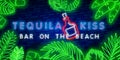 Neon text BAR TEQUILA KISS. Mexico bar neon sign, bright signboard, light banner. Mexican pub logo, emblem and label. Neon text