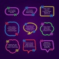 Neon text bubble. Quote frames with commas, text and direct speech vector template