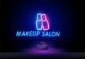Neon text make-up salon. On top of the painted lips in neon style. Calligraphy phrase for lash makers logo, cards