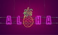 Neon text pineapple sign Vector. Aloha Summer party banner posters