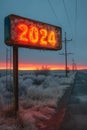 Neon text 2024 on sign next to road before dawn. The image is generated with the use of an AI.