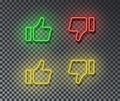 Neon thumb up, down signs vector isolated on brick wall. Like, unlike, light symbol, decoration effe