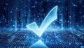 Neon tick symbol floating above cascading binary code in a futuristic digital environment Royalty Free Stock Photo