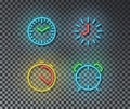 Neon time signs vector isolated on brick wall. Timer, clock, stopwatch, alarm light symbol, decorati