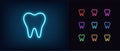 Neon tooth icon. Glowing neon tooth sign, outline dentist pictogram