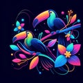 Neon Toucan Paradise: Retro Jungle Illustration with Colorful Palm Tree Branches, Tropical Flowers, Abstract Foliage, AI Generated Royalty Free Stock Photo