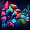 Neon Toucan Paradise: Retro Jungle Illustration with Colorful Palm Tree Branches, Tropical Flowers, Abstract Foliage, AI Generated Royalty Free Stock Photo