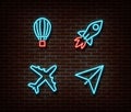 Neon transport signs vector isolated on brick wall. Air balloon, rocket, plane, paper airplane light