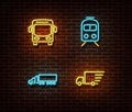 Neon transport signs vector isolated on brick wall. Bus, train, truck delivery light symbols, transp