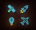 Neon transport signs vector isolated on brick wall. Satellite, rocket, air balloon, plane light symb