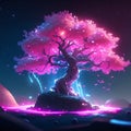 Neon tree in the desert. 3D rendering, 3D illustration. AI Generated