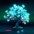 Neon tree with glowing lights. Vector illustration in cartoon style. Generative AI