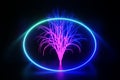 Neon tree with a ring in a dark room at night.