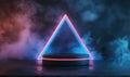 Neon triangle with glowing edges and circular platform in smoky atmosphere Royalty Free Stock Photo