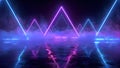 Neon triangles stand on a hazy, reflecting surface, emitting blue and purple light Royalty Free Stock Photo