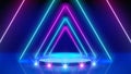 Neon triangular arch, podium, led arcade, stage light. Spotlight, lines, triangle. Background, backdrop for displaying products.