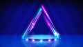 Neon triangular arch, podium, led arcade, stage light. Spotlight, lines, triangle. Background, backdrop for displaying products.