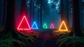 Neon triangular shapes in a dark futuristic environment