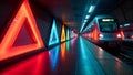Neon triangular shapes in a dark futuristic environment