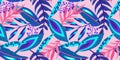 Neon tropic floral seamless pattern on pink background. Floral neon for bright summer design. Tropic jungle in abstract