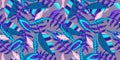 Neon tropic floral seamless pattern on purple background. Floral neon for bright summer design. Tropic jungle in