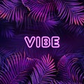Neon tropic party design, Palm violet jungle leaves nightclub poster, Summer vibrant night exotic vector illustration