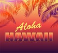 Neon tropical background with Aloha Hawaii lettering and palm leaves silhouettes for t shirt, night party poster and other design Royalty Free Stock Photo