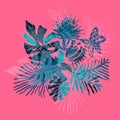 Neon tropical flower composition, duo tone style