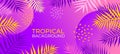 Neon tropical fluid background with jungle plants. Vector exotic horizontal banner with tropic palm leaves frame. Poster