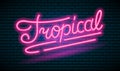 Neon tropical pink inscription sign. Night bright signboard, Glowing light banner. Summer logo. Editable vector.