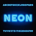 Neon tube alphabet font. White and blue color bold letters and numbers.