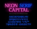 Neon tube base latin alphabet typeface with serifs letters, numbers, special symbols, characters and currency sign.