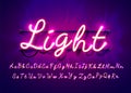 Neon tube hand drawn alphabet font. Script type letters on a dark background. Vector typeface for labels, titles or