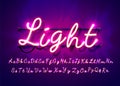 Neon tube hand drawn alphabet font. Script type letters on a dark background. Vector typeface for labels, titles or posters Royalty Free Stock Photo