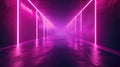 Neon tunnel background, perspective of empty modern hallway. Futuristic design of underground garage with led purple light,